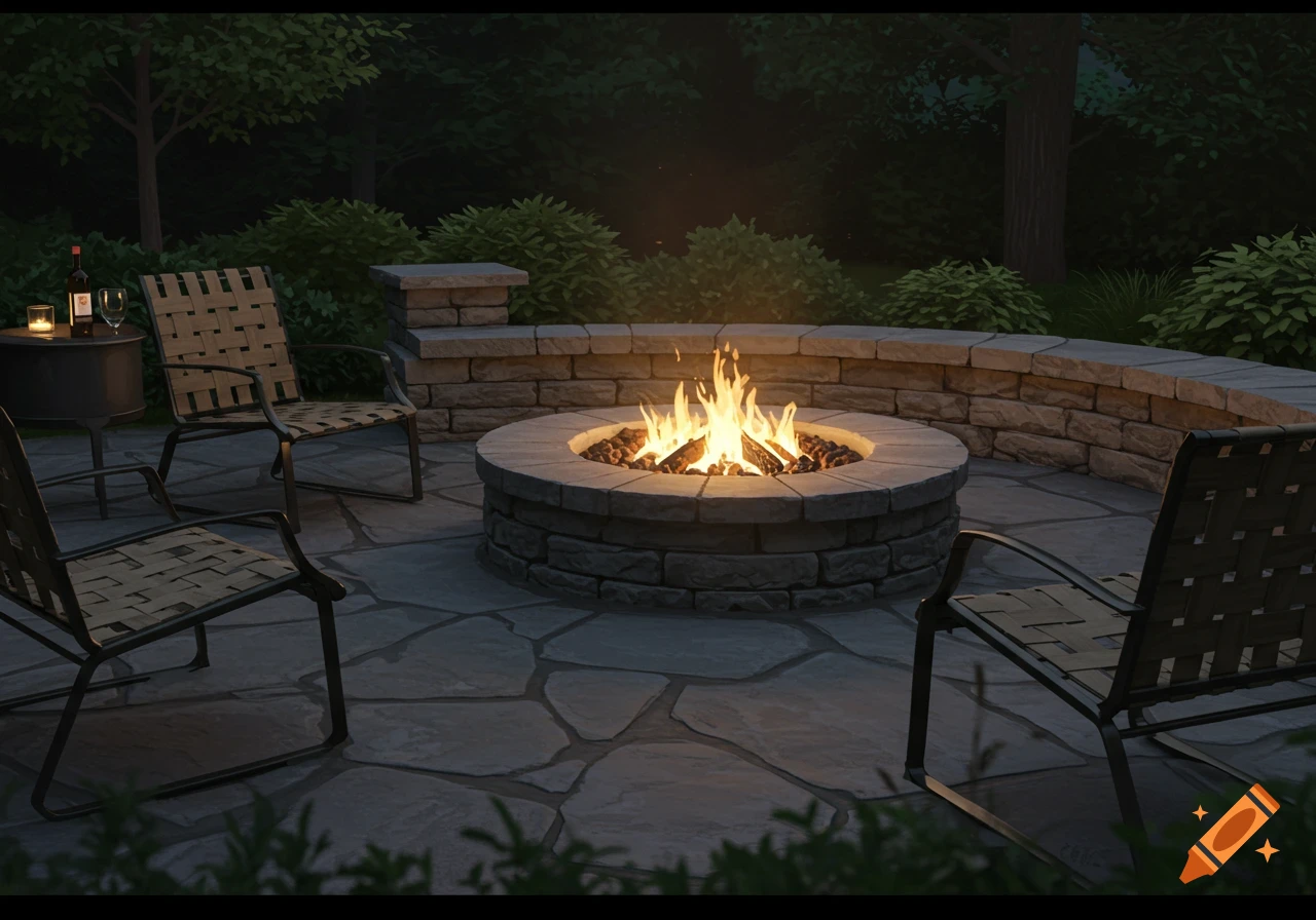 A stone patio at dusk with a lit circular fire pit and three chairs around it, surrounded by trees and bushes.