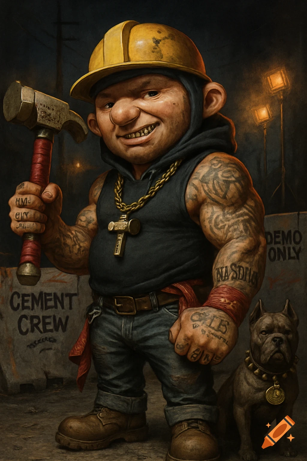 A stylized, muscular construction worker with a gold hard hat, gold chain, and tattoos holds a large hammer, standing with a pitbull in a night construction zone with graffiti.