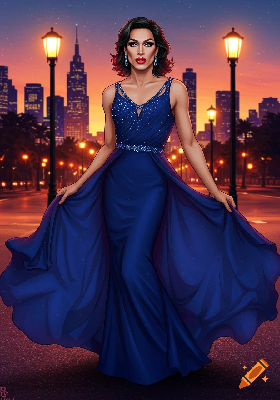 Illustration of a drag queen in a sparkly blue gown posing on a city street with streetlights and skyscrapers at sunset.