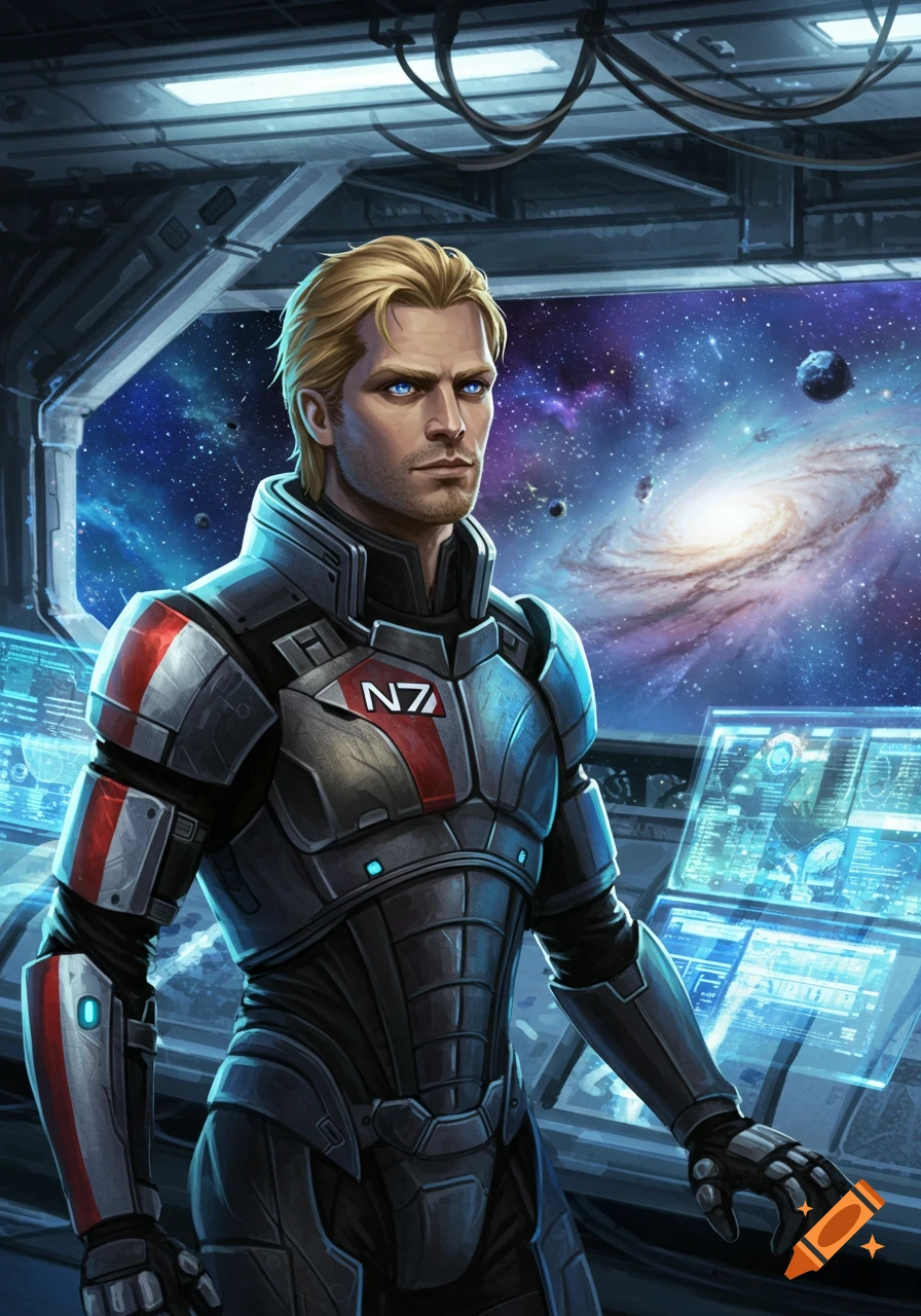 Digital painting of a blonde man with blue eyes in N7 armor inside a spaceship, looking at a galaxy through a window.
