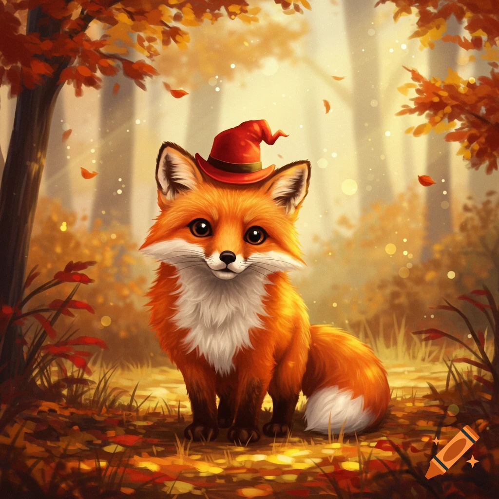 A cute, fluffy orange fox wearing a red witch hat sits in an autumn forest with falling leaves and bokeh lights.