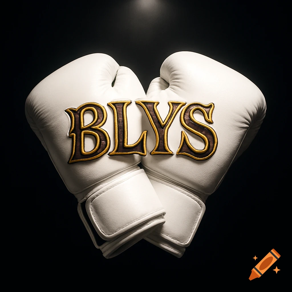 Close-up of two white boxing gloves with 'BLYS' written in gold on them, against a dark background.
