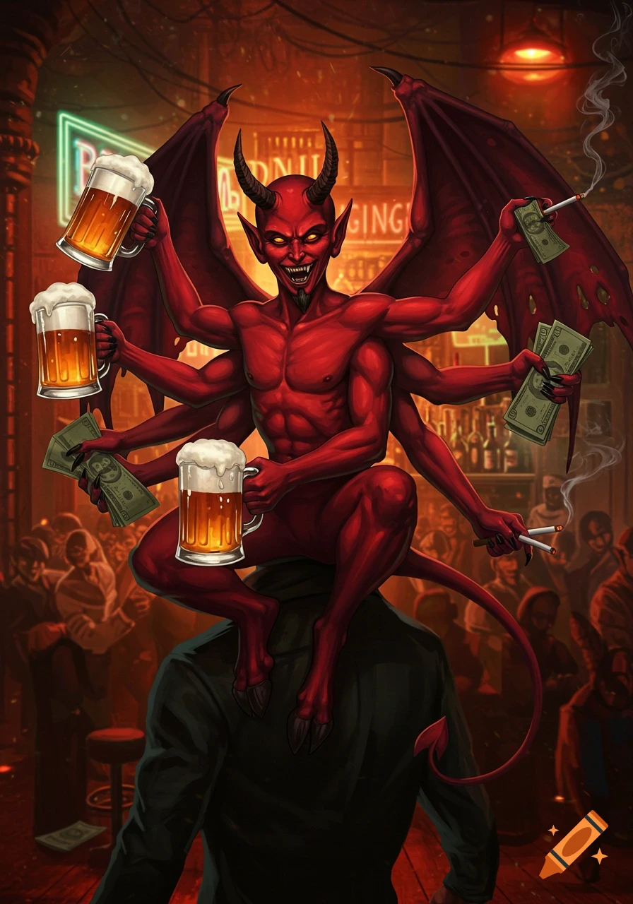 A red-skinned, multi-armed devil with horns and wings sits on a man's shoulders in a dark bar, holding beer, cash, and cigarettes.