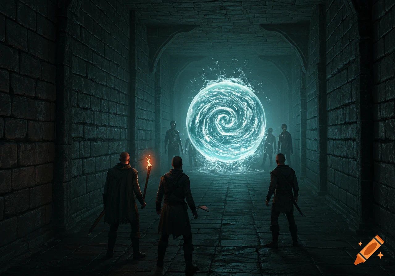 Three adventurers in a dark stone dungeon hall face a glowing blue water portal, with shadowy zombies lurking beyond.