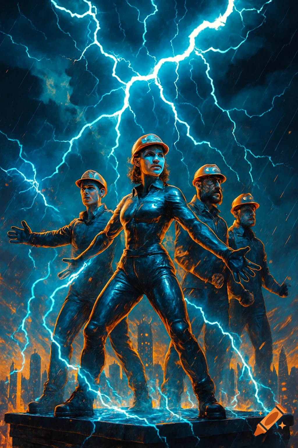 A team of four engineers in work suits and hard hats stand heroically under a dramatic blue lightning storm, with a city skyline in the background.