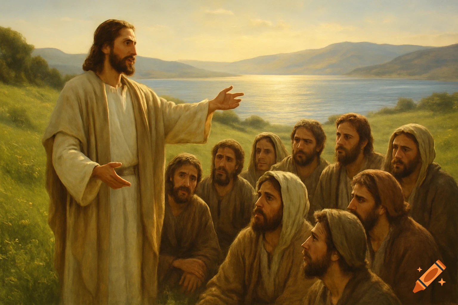Jesus speaks to his disciples on a grassy hill by a lake with mountains, in a classical painting style.
