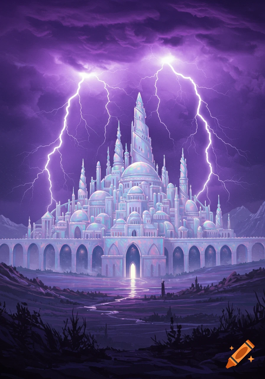 An opalescent fantasy city under a stormy, purple sky with bright lavender lightning bolts illuminating the scene.