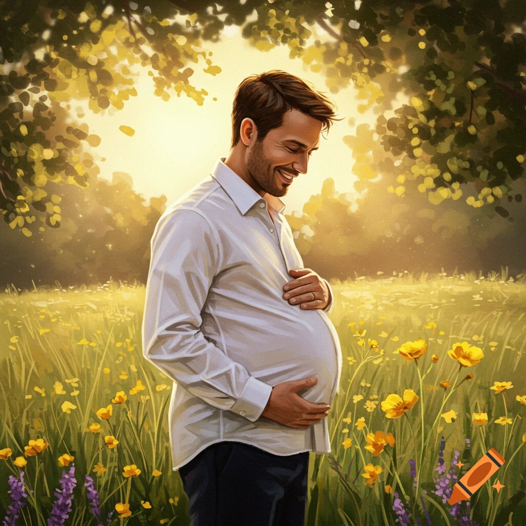 A smiling man with a pregnant belly stands in a sunlit field of wildflowers.