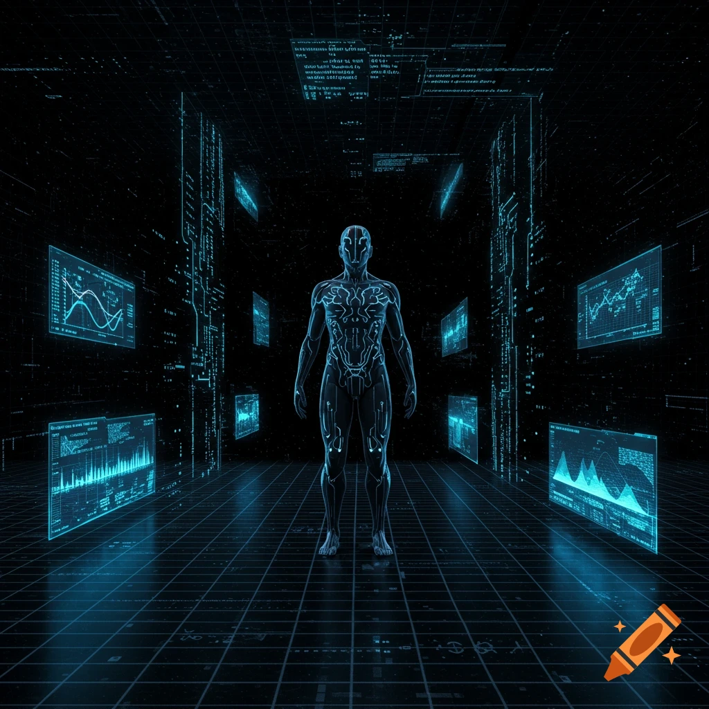 A stylized, glowing blue humanoid figure stands in a dark, futuristic digital chamber surrounded by floating screens with abstract data and graphs.