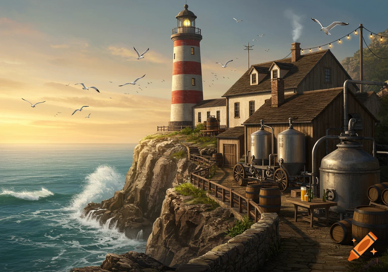 A scenic lighthouse and brewery building on a rocky cliff overlooking a wavy ocean at sunset.
