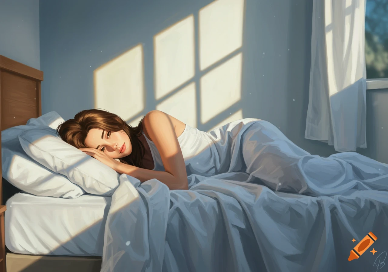 A young woman with brown hair lies on a bed in a sunlit room, looking towards the viewer in a digital art style.
