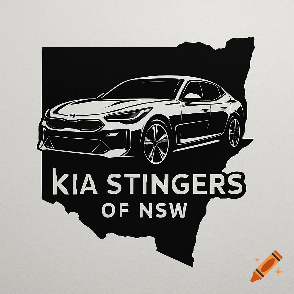 Black and white logo of a Kia Stinger car over a map outline of New South Wales, with text 'KIA STINGERS OF NSW'.