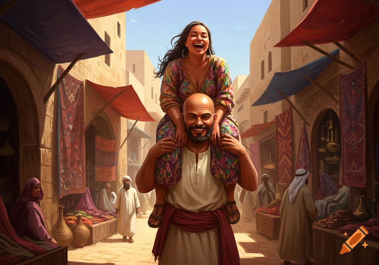 A man with a bald head and beard carries a laughing woman on his shoulders through a vibrant Middle Eastern marketplace.