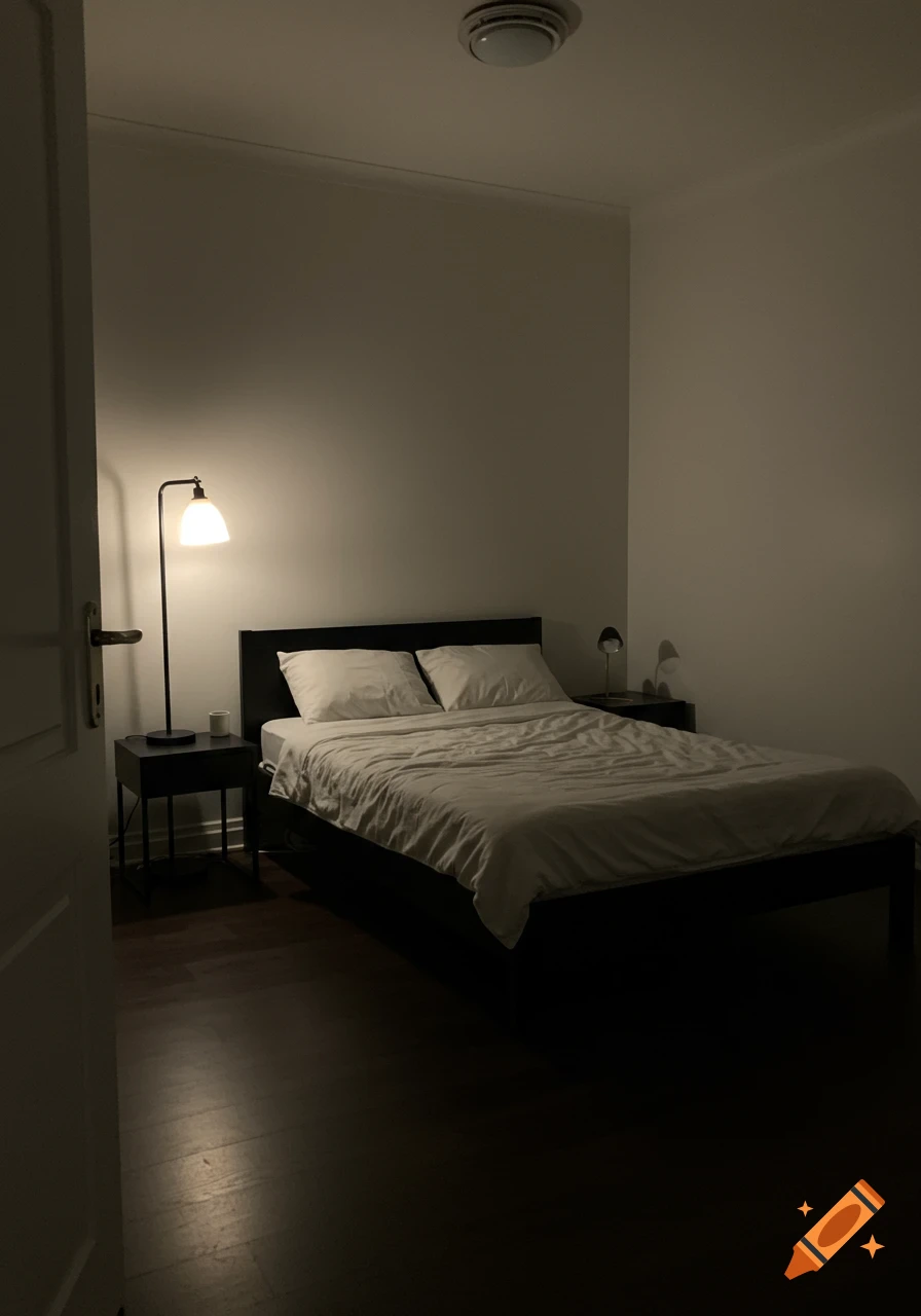 A dimly lit bedroom with a black bed frame, white bedding, black nightstands, and a floor lamp, on a dark wood floor with off-white walls.