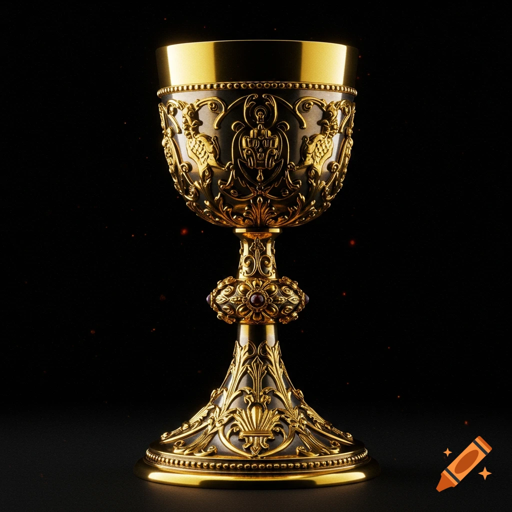 A highly detailed, ornate golden chalice with dark accents and a red gem, set against a dark background.