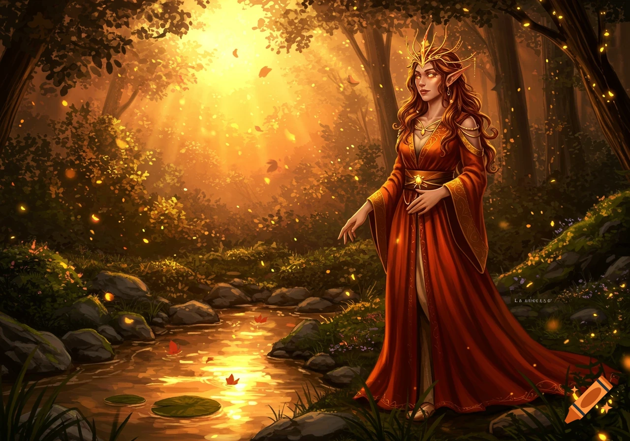 A regal elf woman with a golden crown and red gown stands by a glowing stream in a magical forest at sunset.