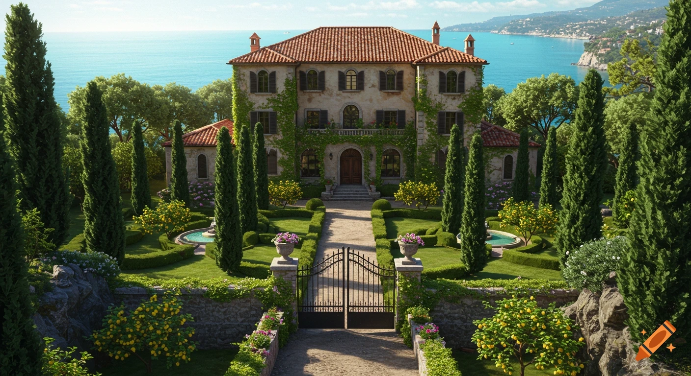 A grand villa with a terracotta roof overlooks the sea, surrounded by a manicured garden with cypress and lemon trees, and a wrought-iron gate.
