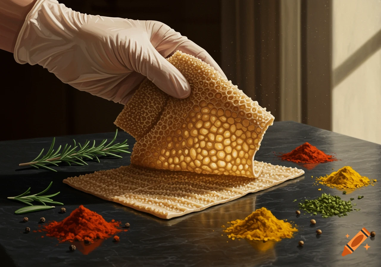 A gloved hand holds up a piece of honeycomb tripe over a dark counter with piles of colorful spices and rosemary.