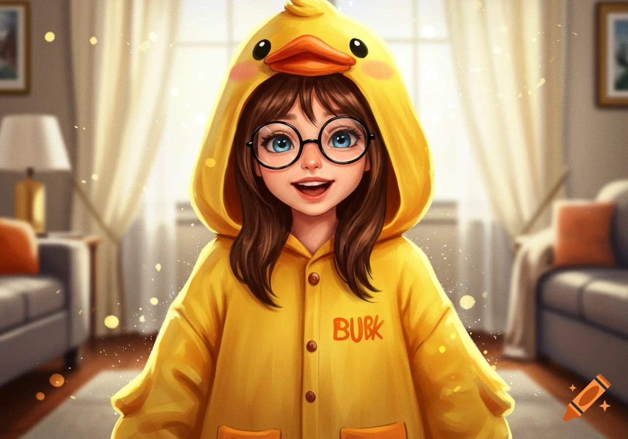 Digital illustration of a smiling girl with brown hair and blue eyes wearing black glasses and a yellow duck onesie in a bright room.
