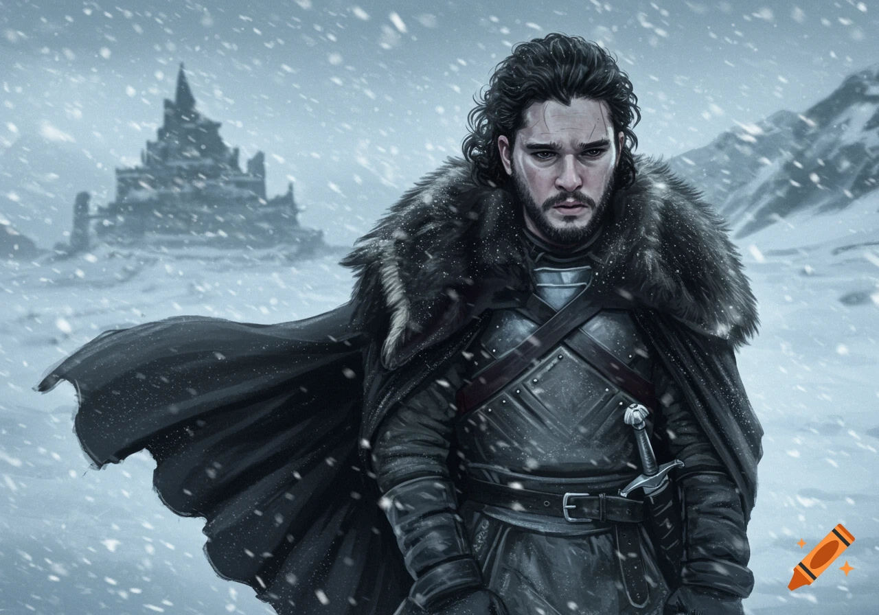 A man resembling Jon Snow in a fur-lined cloak and armor stands in a snowy landscape with a castle in the background.