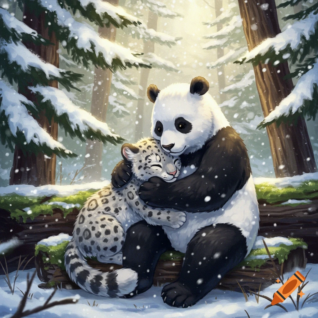 A stylized panda hugs a snow leopard in a snowy forest with falling snow and tall trees.