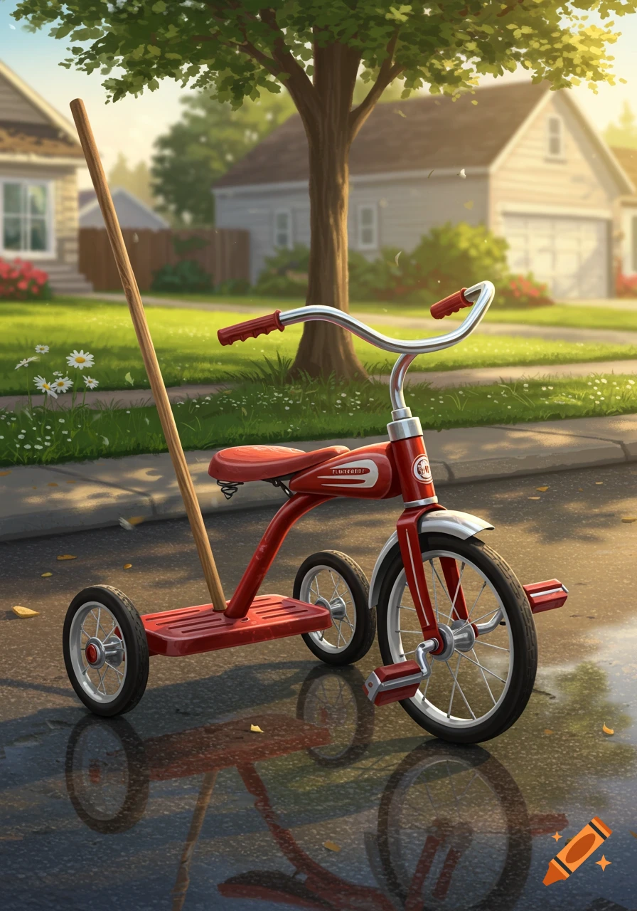 A vintage red tricycle with a wooden push pole attached, reflecting in puddles on a suburban street in front of houses.