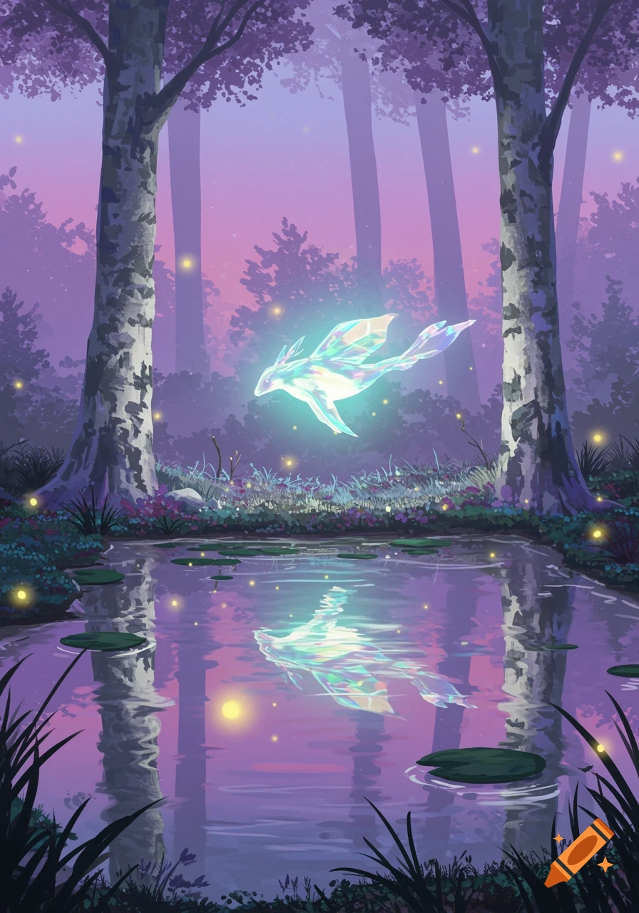 A glowing, crystalline creature floats above a pond in a mystical purple forest at dusk, with its reflection visible in the water.