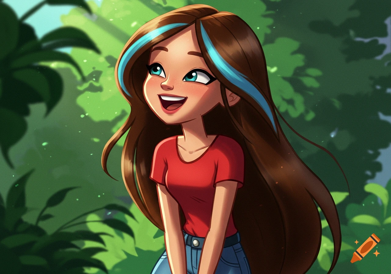 A smiling cartoon girl with long brown hair and blue streaks wears a red shirt and jeans in a forest setting.