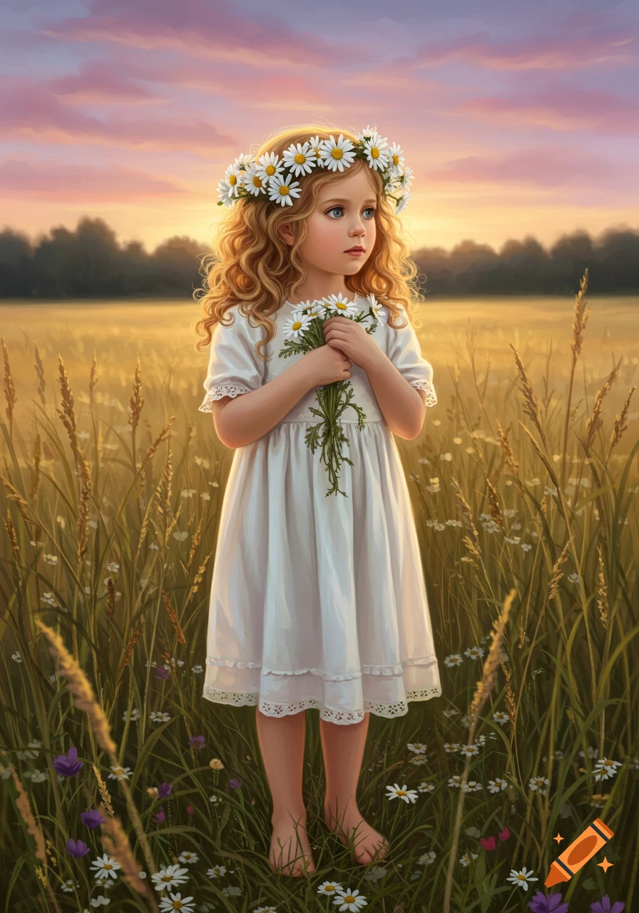 A young girl with blonde curly hair and a daisy wreath stands in a sunlit field, holding a bouquet of daisies at sunset.