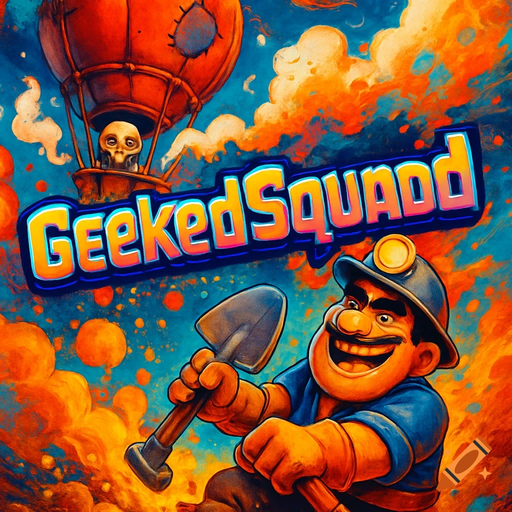 A cartoon miner character holding a shovel, with a hot air balloon and a skull in the background, and the text 'GeekedSquadd'.