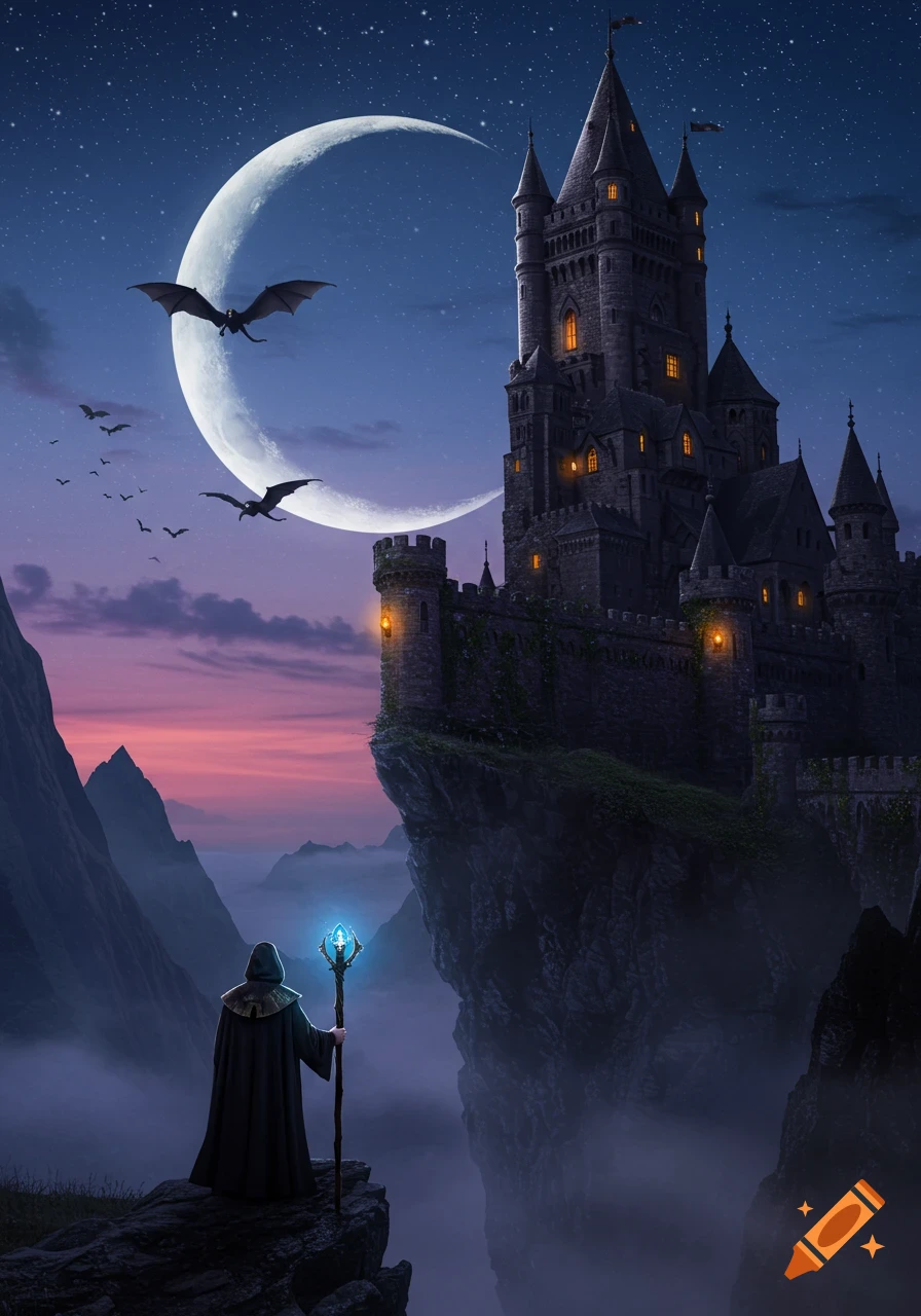A wizard on a cliff overlooks a majestic castle under a starry night sky with a large crescent moon and flying dragons.