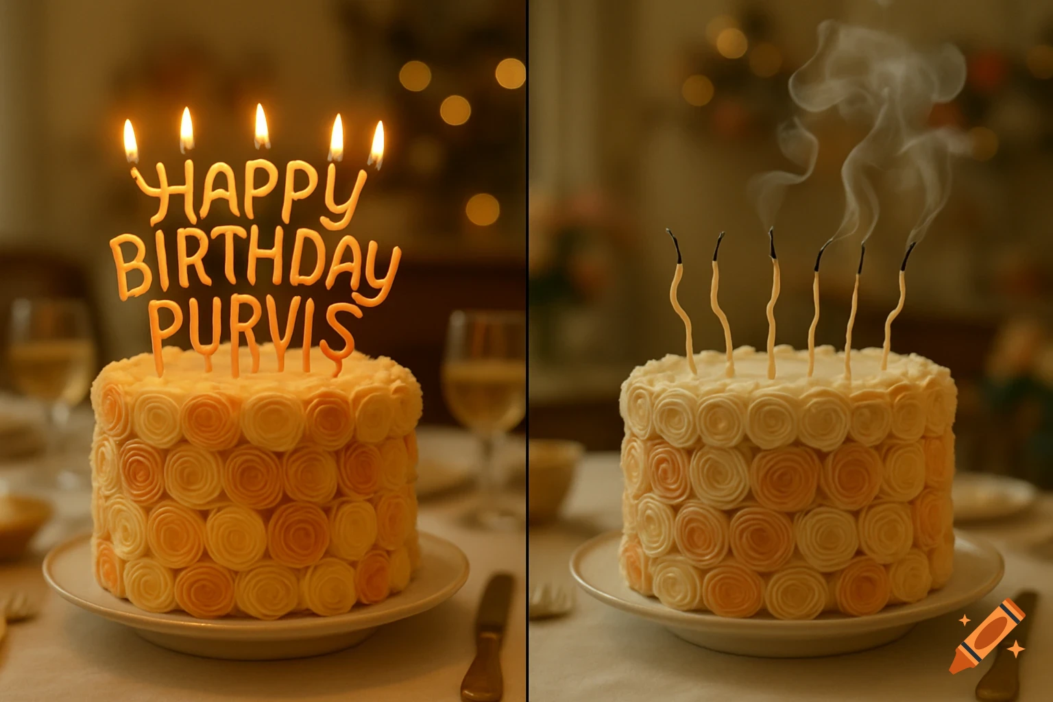A diptych showing a birthday cake with rosette frosting. Left: lit 'HAPPY BIRTHDAY PURVIS' candles. Right: smoking, blown-out candles.