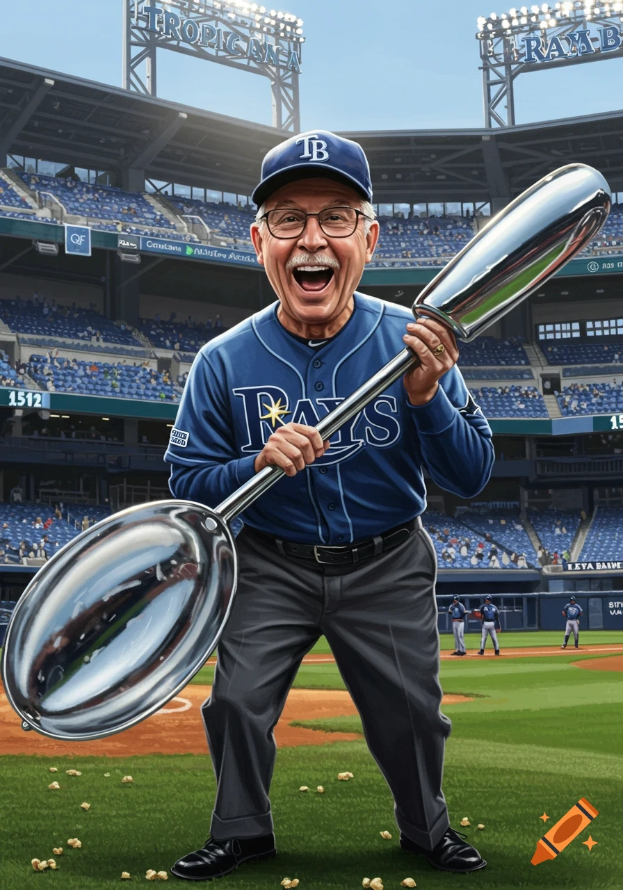 A man resembling Stu Sternberg in a Tampa Bay Rays uniform holds a giant metal spoon on a baseball field in a stadium.