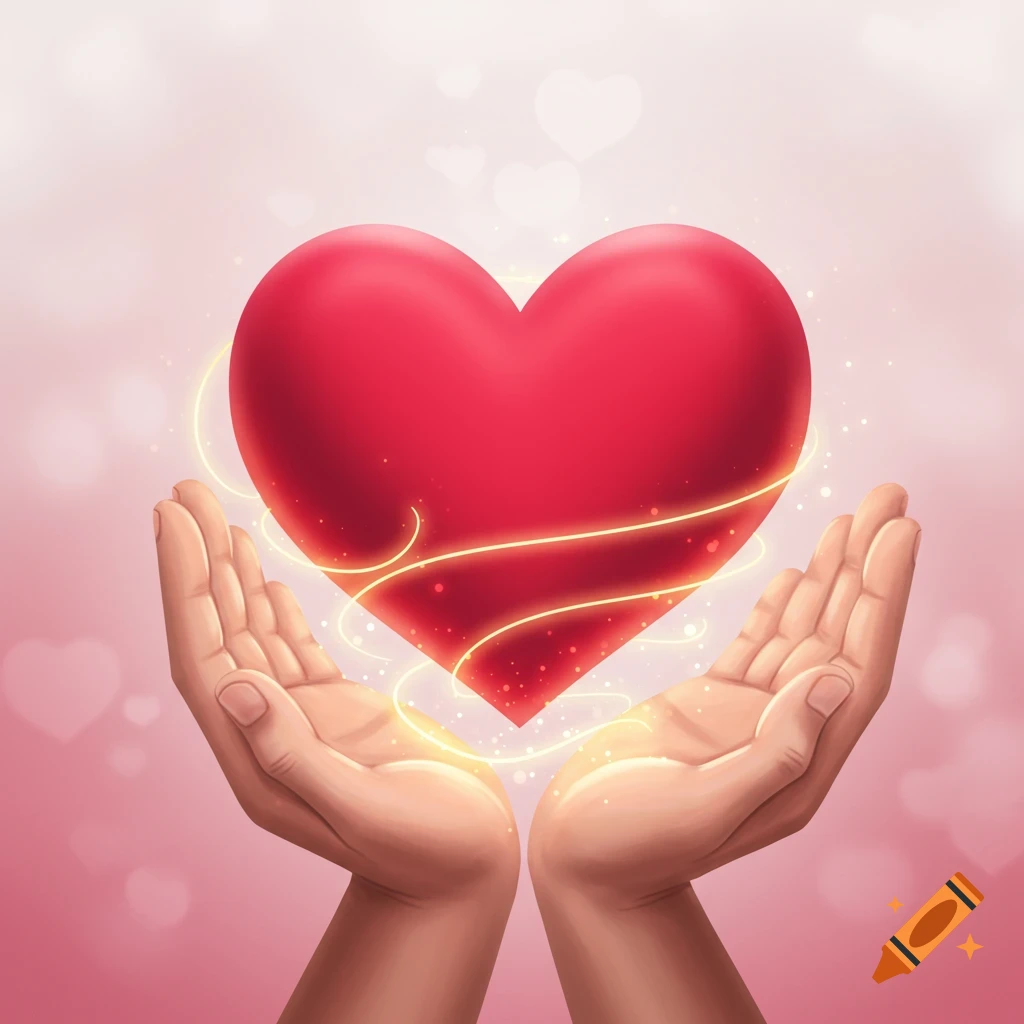 Two hands gently cupping a glowing red heart with light trails on a pink background.