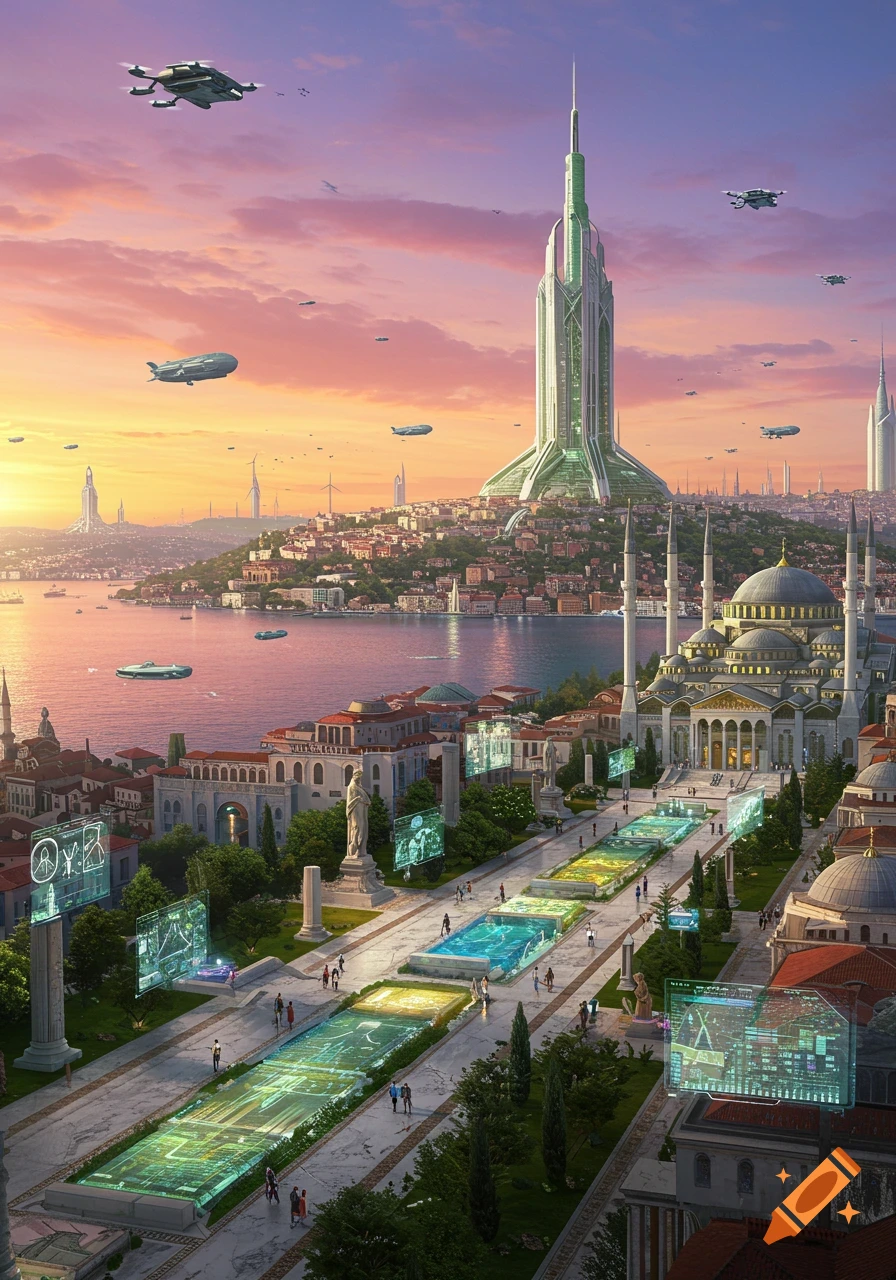 A vibrant futuristic city at sunset, blending traditional domes and minarets with glowing green megastructures and flying vehicles. Augmented reality displays line a grand avenue beside a bay.