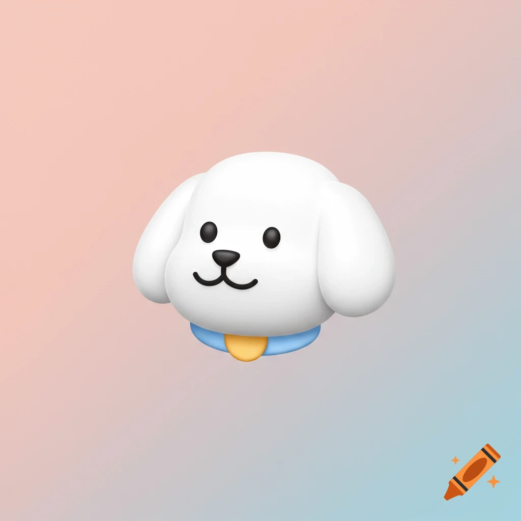 A 3D white dog emoji with a blue collar on a gradient background.