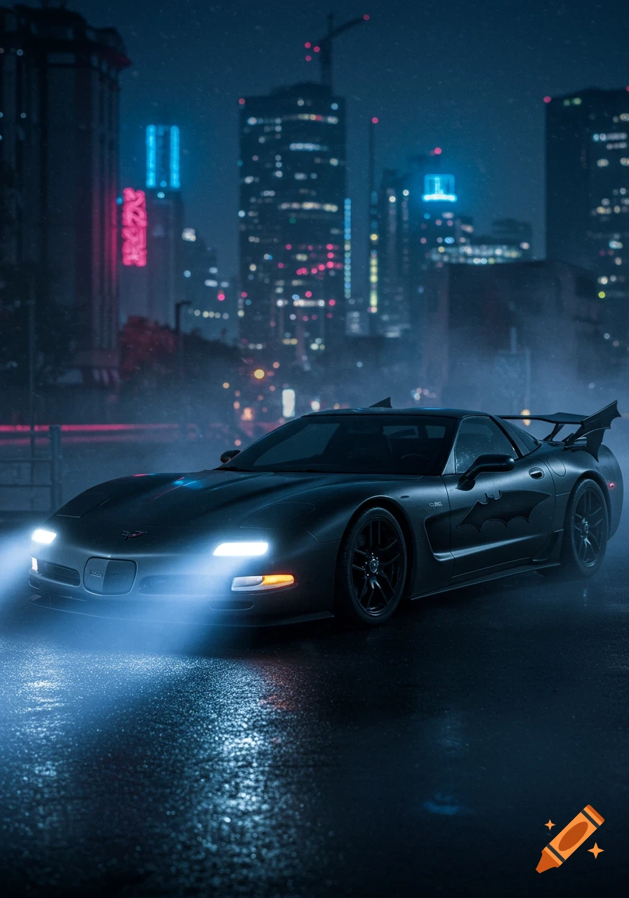 A dark gray C5 Corvette with a Batman logo on its side drives on a wet city street at night, illuminated by its bright headlights and the neon glow of distant skyscrapers.