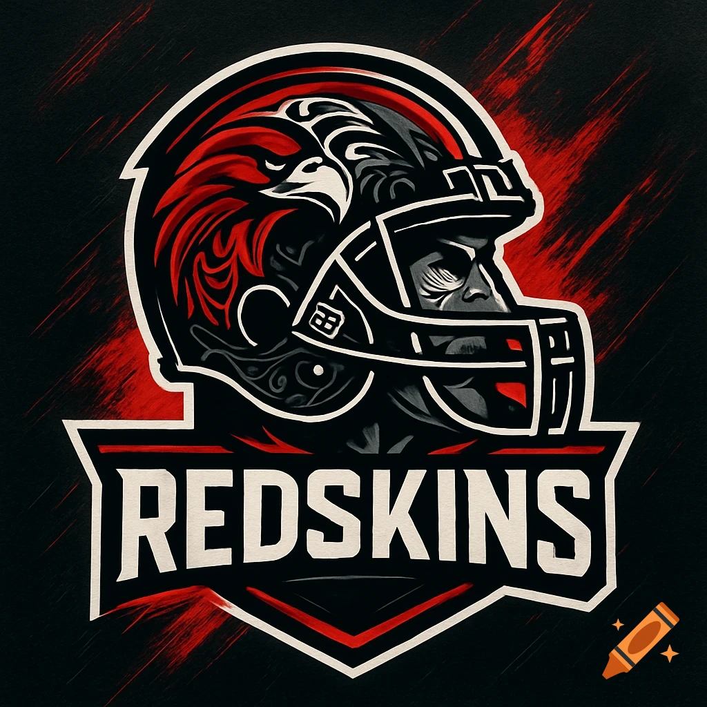 A black, red, and white football helmet logo with an eagle design, and the word "REDSKINS" below it.