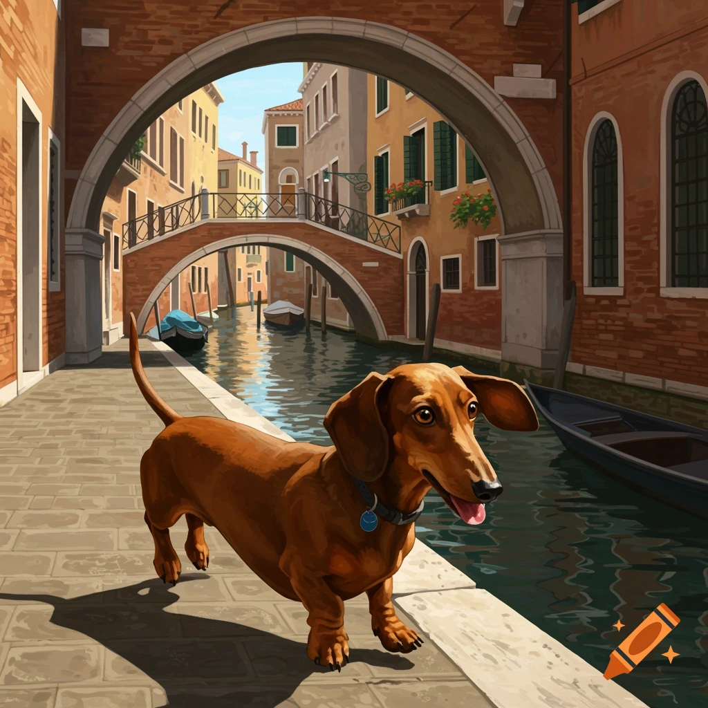 A brown dachshund stands on a stone path next to a canal in Venice, with bridges and buildings in the background, in an illustrative style.