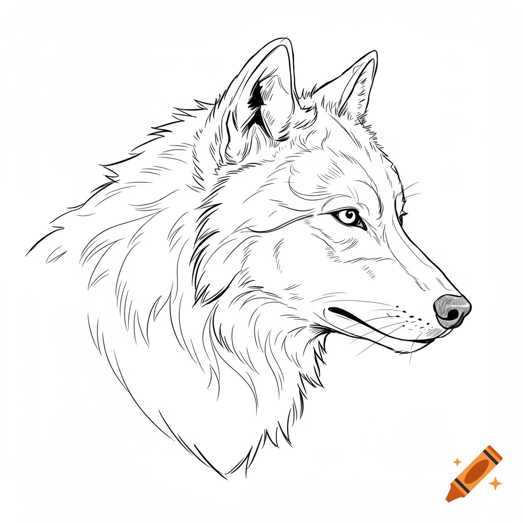 Line art drawing of a wolf's head in profile.