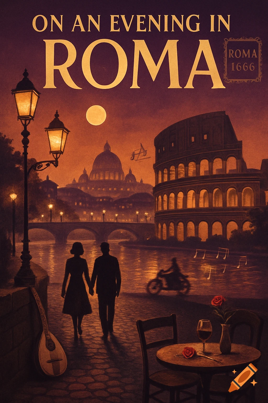 Vintage poster of moonlit Rome with a couple strolling by the Tiber River, showcasing the Colosseum, St. Peter's Dome, and romantic details.