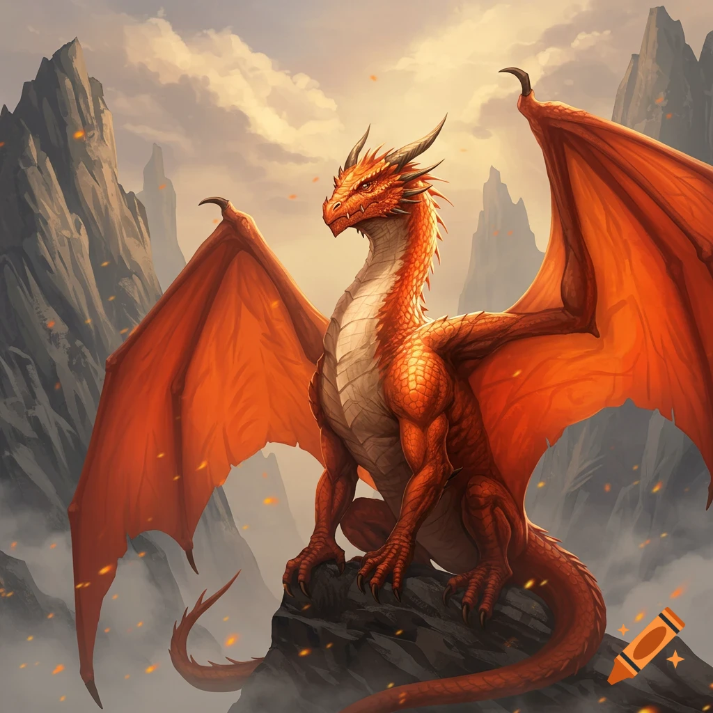 A majestic orange wyvern with large wings and horns, perched on a rock amidst smoky mountains under a warm sky.
