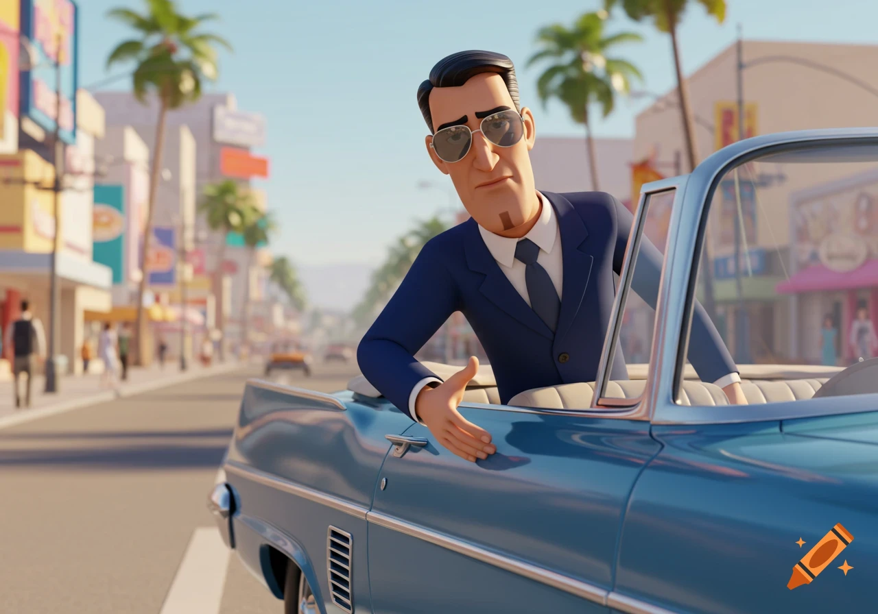 Cartoon man in suit and sunglasses leans from a blue convertible on a sunny city street.