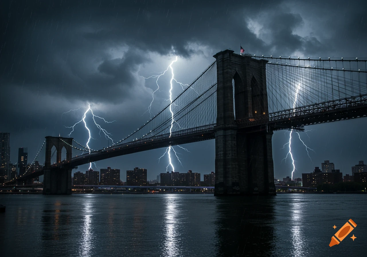 The Brooklyn Bridge at night, illuminated by multiple lightning strikes during a heavy rainstorm with city lights.