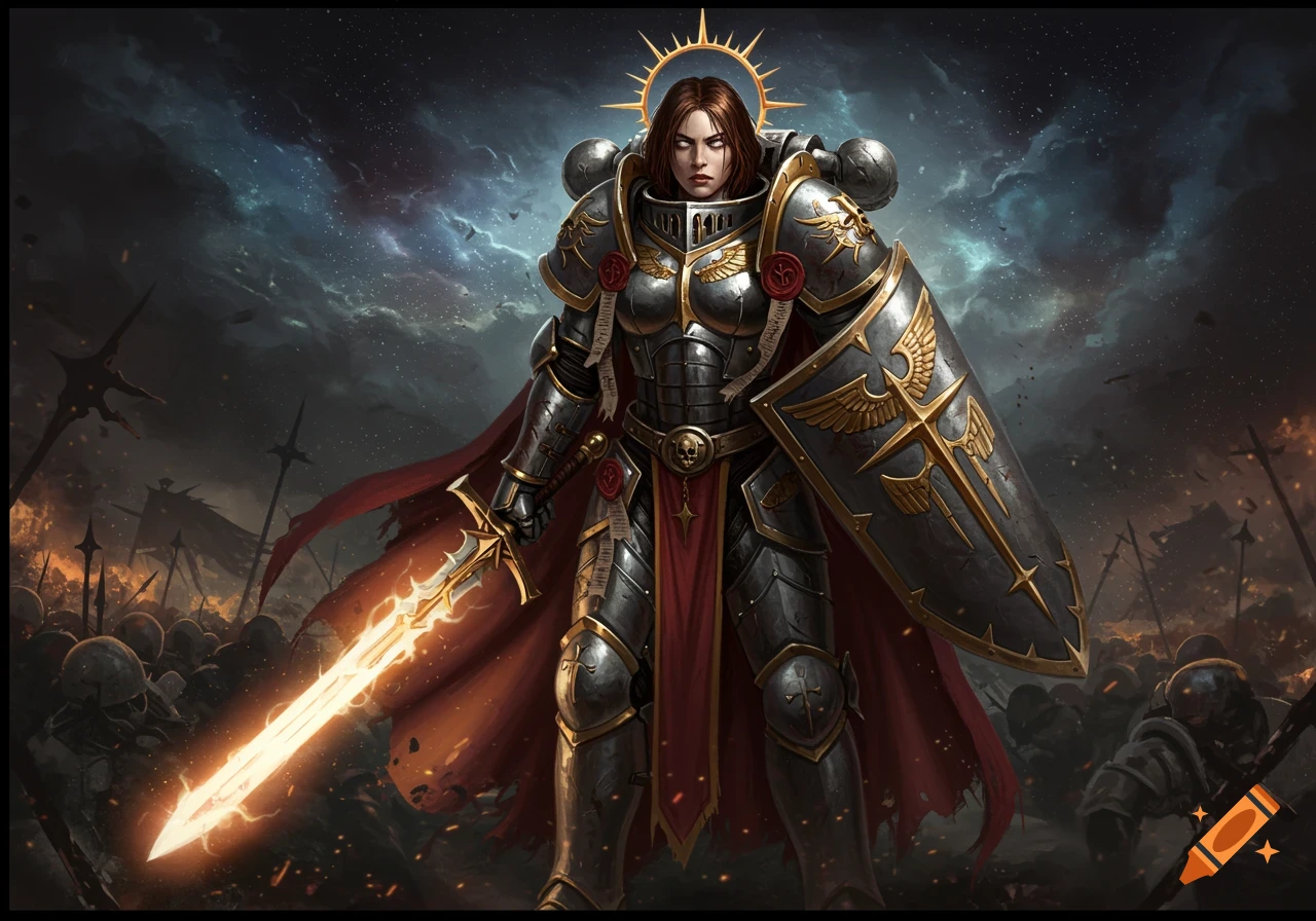 Armored female warrior with a glowing sword and shield on a dark, stormy battlefield.