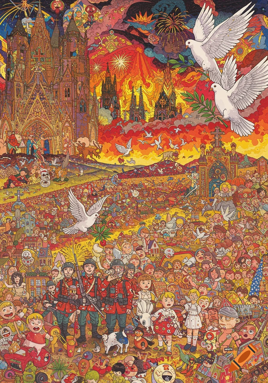 A highly detailed, colorful, surreal illustration in the style of Tanaami Keiichi, depicting a chaotic scene with crowds, soldiers, churches, and doves under a vibrant sky.