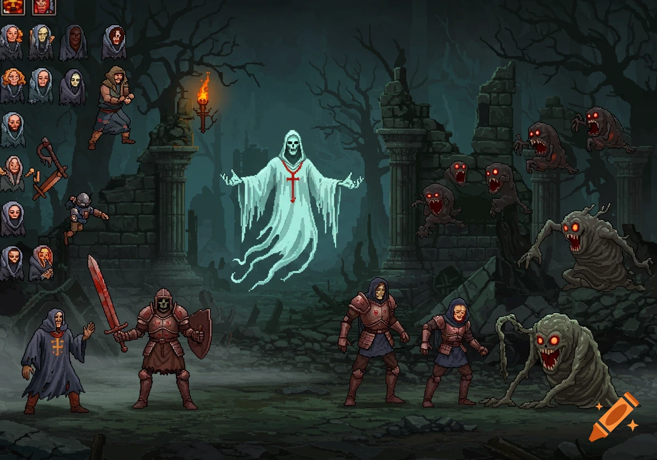 Pixel art RPG horror sprite sheet featuring a ghost, knights, and various monsters in a dark, ruined environment.