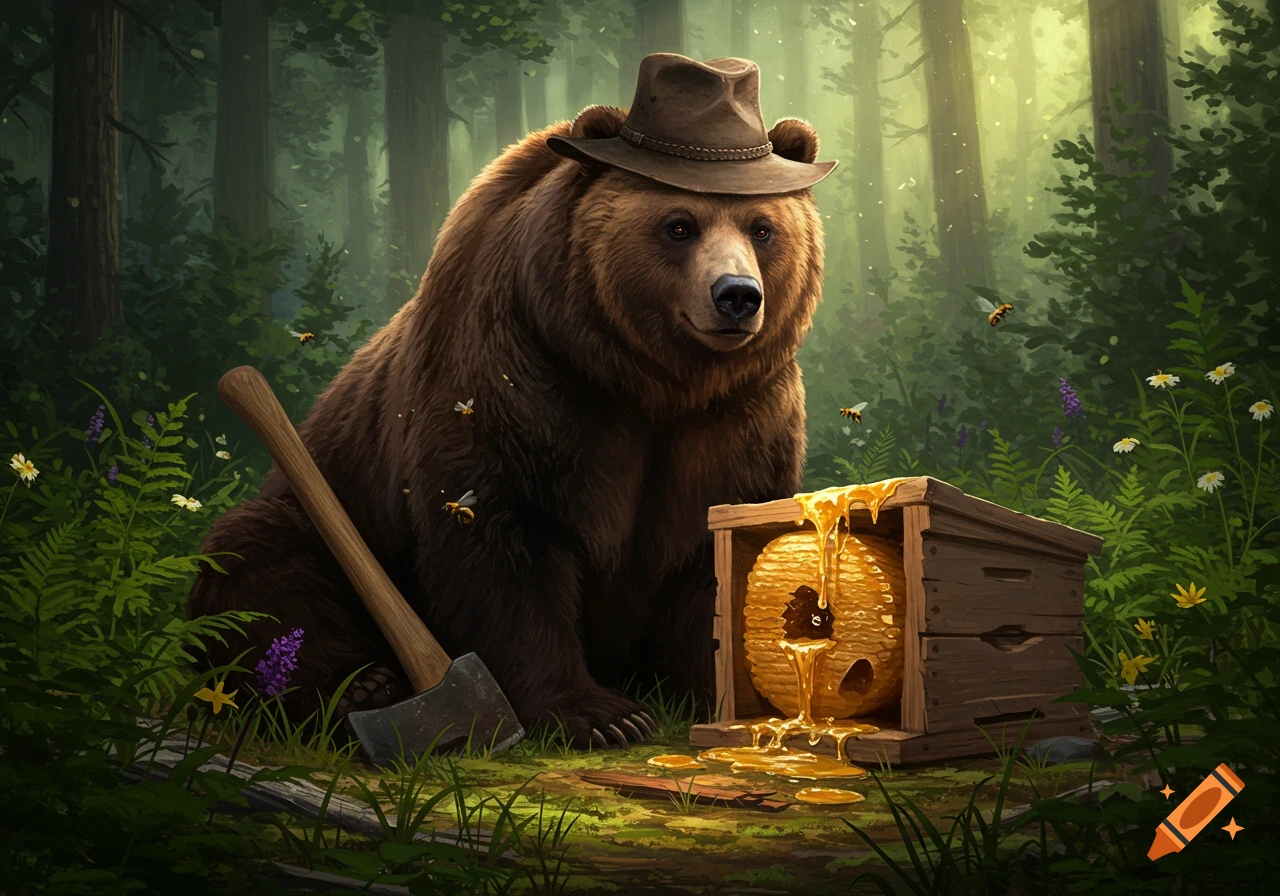 A brown bear wearing a hat sits in a forest next to a mauled beehive dripping honey, with an axe nearby.