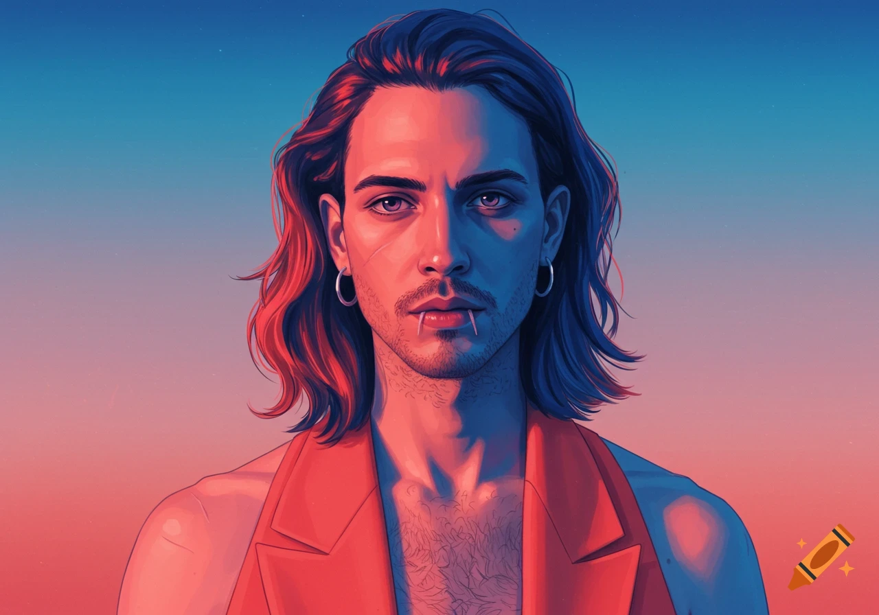 Stylized portrait illustration of a person with long hair, earrings, and an open vest, lit with blue and red light.
