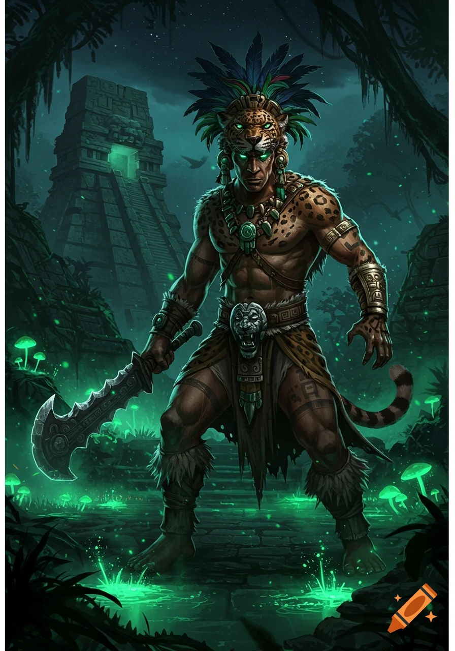 Dark fantasy illustration of a Mayan jaguar warrior with glowing green eyes, holding a sword in a jungle with a pyramid.